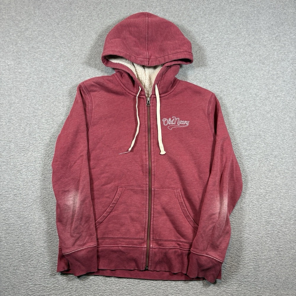 Old Navy Sherpa Lined Zip Hoodie Womens Small Maroon Faded Y2K Sweatshirt